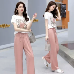 Fashionable Women's Summer Outfit 2023 Korean Style Short Sleeve Top And Wide Leg Pants Casual Two Piece Set Elegant Leisure - Image 6