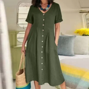 Women Button Blouse Dress Summer Female V Neck Short Sleeve Solid Color Cotton Linen Beachwear Holiday Loose Party Dresses - Image 5