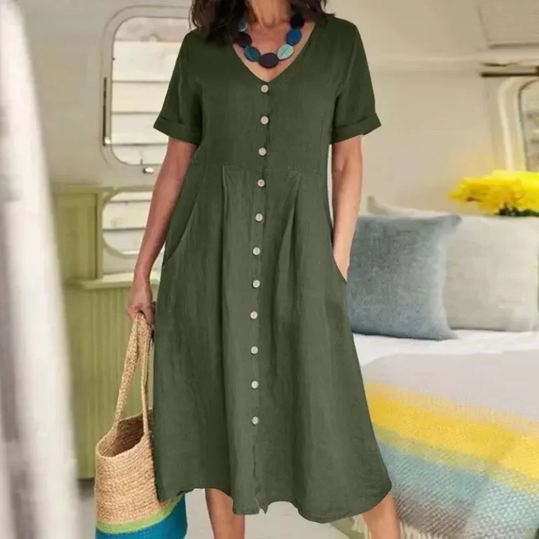 Women Button Blouse Dress Summer Female V Neck Short Sleeve Solid Color Cotton Linen Beachwear Holiday Loose Party Dresses - Image 5