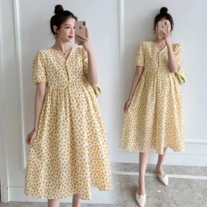 Loose Summer Maternity Wear Mid-length Dress Fashionable V-neck Flower Print Outdoor Summer Breastfeeding Clothes