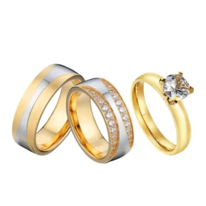 Turkish Costume Jewellery 3pcs Wedding Engagement Rings Sets For Couples 18k Gold Plated Fashion Jewery Cz Diamond Ring