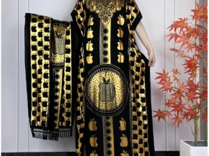 New Summer Short Sleeve Robe Cotton Loose Lady Dress With Big Scarf Gold Stamping Boubou Maxi Islam Women African Abaya Clothing