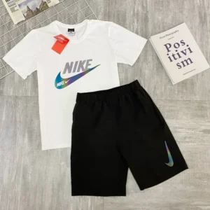 Nike Men's Exercise Sets, Reflective Logo, High Quality, Loose, Fashionable Short Sleeved and Shorts Suits, White/Black - Image 4