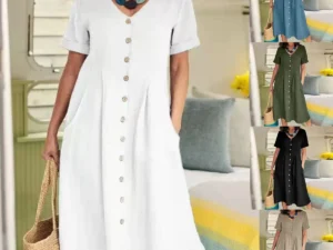 Women Button Blouse Dress Summer Female V Neck Short Sleeve Solid Color Cotton Linen Beachwear Holiday Loose Party Dresses