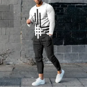 Men's Long Sleeve T-shirts and Pants Two Piece Black White Classical 3D Printed Men's Sets Casual Suit nike tech fleece - Image 5