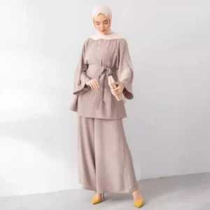 Eid Muslim Two Piece Set Islam Women Lace Up Shirt Wide Leg Pants Suits Ramadan Turkey Outfits Modest Morocco Abayas Ensembles - Image 3