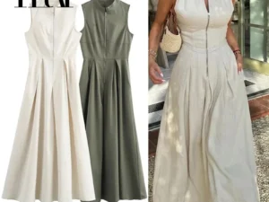 ONKOGENE Zipper Langes Kleid Frau Plissee Ärmel, Figurbetontes Kleid Sommer Elegante Party Kleider Für Frauen 2024 Neue Midi Kleider