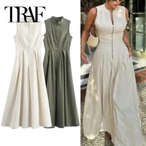 ONKOGENE Zipper Langes Kleid Frau Plissee Ärmel, Figurbetontes Kleid Sommer Elegante Party Kleider Für Frauen 2024 Neue Midi Kleider
