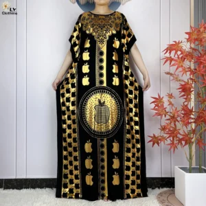New Summer Short Sleeve Robe Cotton Loose Lady Dress With Big Scarf Gold Stamping Boubou Maxi Islam Women African Abaya Clothing - Image 4