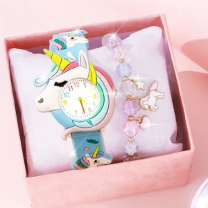 【Watch+Bracelet】Kegllect New Children's Cartoon Pattern Unicorn Silicone Bead Bracelet Set Student - Image 3