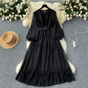 Women's Autumn Waist Sweet Clothing French Vintage O Neck Hollow Out Lace Patchwork Long Lantern Sleeves Korean Fashion Dresses - Image 4
