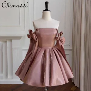 French Elegant Retro Lace-up Bow Straps Sleeveless High Waist Slim A-line Birthday Banquet Evening Short Dress For Women Summer