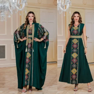 Eid Muslim 2 Piece Set Women Embroidery Dresses Open Abaya Suit Jalabiya Ramadan Dubai Kaftan Party Vestidos Cardigan Robe