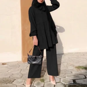Ensembles Muslim Two Piece Set Women Blouse Wide Leg Pants Suit Ramadan Eid Morocco Dubai Islam Arabic Modest Saudi Outfits - Image 4