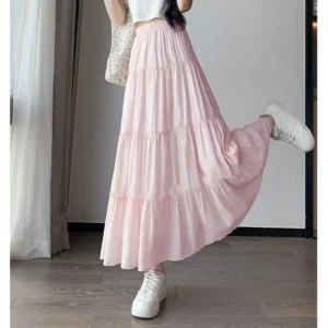 Summer New Women's Solid Color A- Line Midi Skirt Umbrella Skirt Long Cake Skirt Small Size Fashionable And Elegant - Image 5