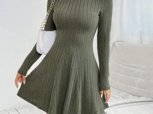 Mia Muse Women's Dresses Fall Winter Simple Solid Color Long Sleeve Mock Neck A Line High Waisted Flare Hem Casual Short Dresses