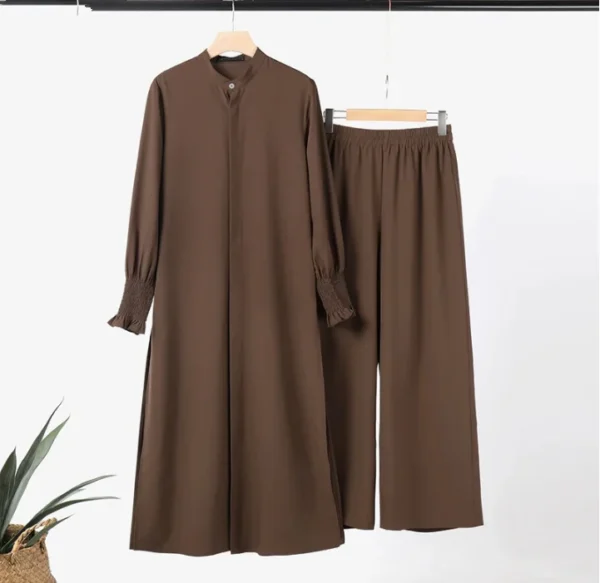 Muslim 2 Piece Women Long Coat Wide Leg Pants Suit Ramadan Morocco Dubai Islam Casual Ensemble Kimono Musulmane Arabic Outfits - Image 7