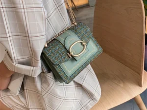 Chic Mini Plaid Tweed Crossbody Bag with Adjustable Strap, Fashionable Buckle Closure - Available in Cream, Green, Blue, Black