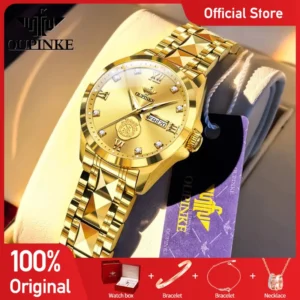 OUPINKE 3305 Womens Watch Luxury Mechanical Watch Tungsten Steel 50M Waterproof Day Date Watch Real Diamond Luck Watch Set