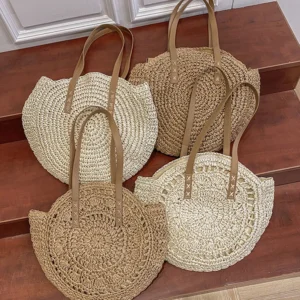 Summer Round Straw Women Vacation Woven Beach Shoulder Bag Large Capacity Hollow Out Simple Tote Bag - Image 5
