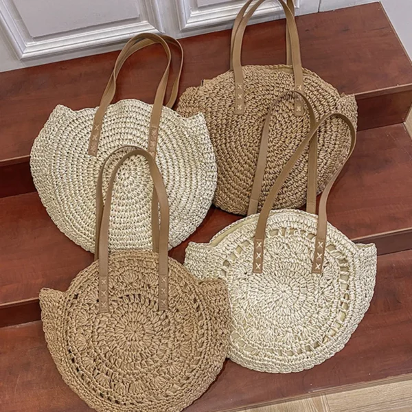 Summer Round Straw Women Vacation Woven Beach Shoulder Bag Large Capacity Hollow Out Simple Tote Bag - Image 5