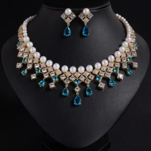 New Pearl Zirconia Drops Luxury Necklace Earrings Ladies Jewellery Set Necklace Earrings Party Wedding Gift Accessories M-306