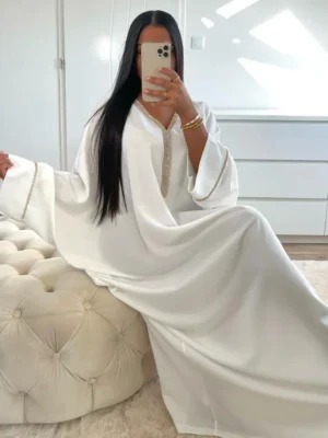 Eid Muslim Long Dress Women Bat Sleeve Caftan Abaya Satin Robe Diamond Party Abayas Ramadan V Neck Kaftan Caftan Jalabiya 2023 - Image 3