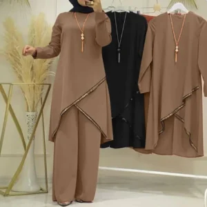 Women Eid Musulman Ensemble Muslim Sets Solid Blouses Wide Leg Pants Ramadan Morocco Two Pieces Dubai Kaftan Loose Modest - Image 3