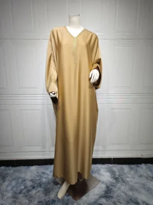 Eid Muslim Long Dress Women Bat Sleeve Caftan Abaya Satin Robe Diamond Party Abayas Ramadan V Neck Kaftan Caftan Jalabiya 2023 - Image 6