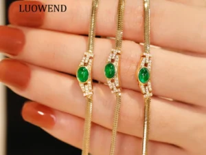 LUOWEND 100% 18K Yellow Gold Necklace Fashion Snake Bone Chain Shiny Diamond Natural Swat Emerald Necklace High Women's Jewelry