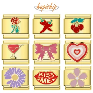 Hapiship Fashion Flower Cherry Heart Kiss Me Pepper Golden Italian Charm Links Fit 9mm Bracelet Drop Shipping Jewelry DJ1373-B