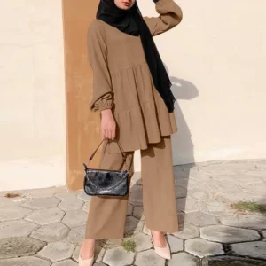Ensembles Muslim Two Piece Set Women Blouse Wide Leg Pants Suit Ramadan Eid Morocco Dubai Islam Arabic Modest Saudi Outfits - Image 5