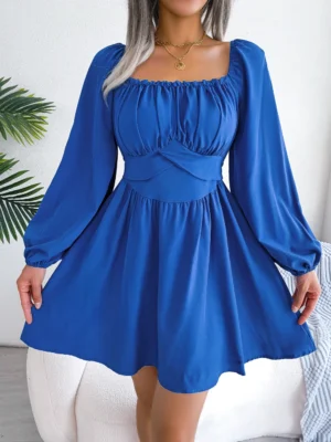 2023 Women Autumn Casual Long Sleeve Fit And Flare Dress Blue Red White - Image 4