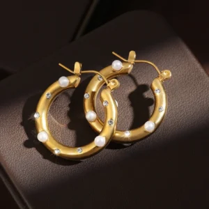 RAKOL New Chunky Stainless Steel Gold Plated Earrings For Women Irregular Pearl Zircon Paved Thick Statement Earring Jewelry - Image 6