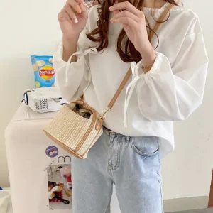 Yogodlns Summer Small Straw Handbag Trendy Shoulder Bag Woven Bucket Crossbody Bag Casual Seaside Beach Bag Gilrs Handle Tote - Image 4