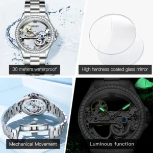 OLEVS Fully Hollow Watch for Women Automatic Mechanical Women's Watches Luminous Luxury Stainless Steel Diamond Inlay Wristwatch - Image 4