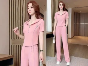 Slimming Ice Silk Wide Leg Pants Two Piece Set Summer Casual Sportswear Women's Fashionable New Style Thin Lightweight Ensemble