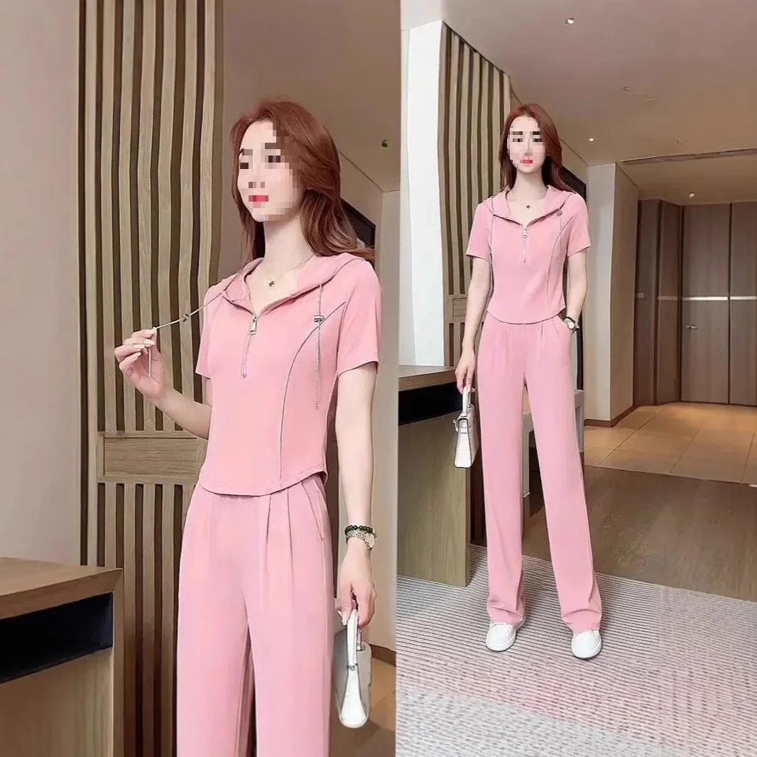 Slimming Ice Silk Wide Leg Pants Two Piece Set Summer Casual Sportswear Women's Fashionable New Style Thin Lightweight Ensemble