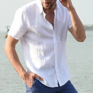 Summer Cotton Linen Shirts For Men Casual Short Sleeved Shirts Blouses Solid Turn-Down Collar Formal Beach Shirts Male Clothing - Image 5