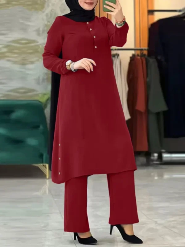 Arab Women Eid Muslim Two Pieces Set Blouse & Wide Leg Pant Musulman Ensemble Belt Single Button Shirt Ramadan Modest Clothing - Image 4
