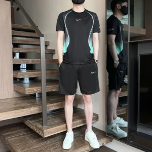 Nike Sports Suit Men and Women Embroidery Polyester Fiber Regular Fit Short Sleeved and Shorts Two-piece Set Black Green - Image 3