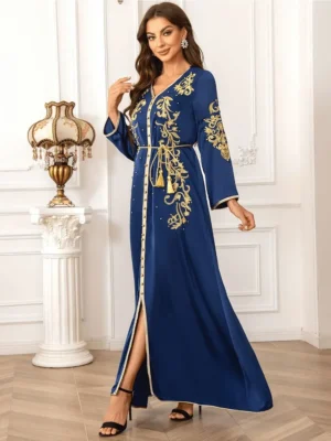 Eid Muslim Dress for Women Abaya Beading V Neck Lace-up Jalabiya Party Dresses Kaftan Vestidos Largos Long Robe Arab Dubai 2024 - Image 5