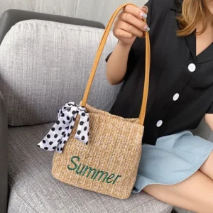 Summer Beach New Bucket Straw Woven Fashion Woven Women S Bag Hand Held Single Shoulder Shopping Bag - Image 3