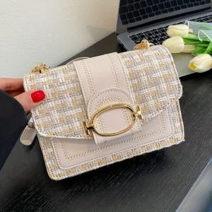 Chic Mini Plaid Tweed Crossbody Bag with Adjustable Strap, Fashionable Buckle Closure - Available in Cream, Green, Blue, Black - Image 7