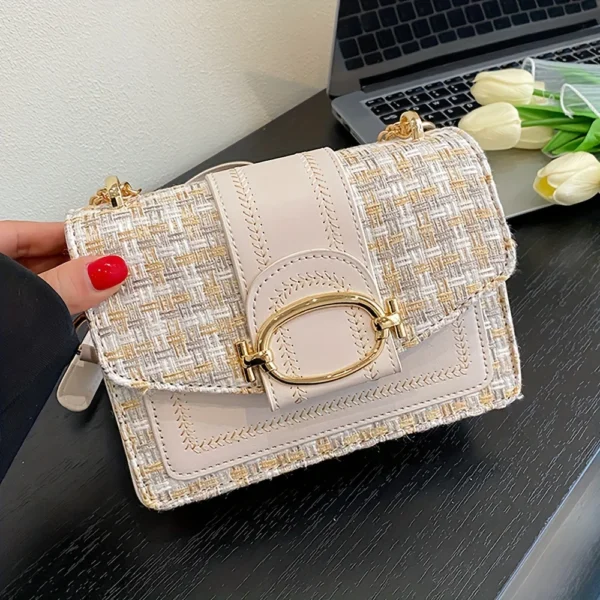 Chic Mini Plaid Tweed Crossbody Bag with Adjustable Strap, Fashionable Buckle Closure - Available in Cream, Green, Blue, Black - Image 7