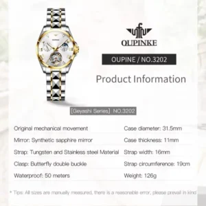 OUPINKE 3202 Women Watch Original Tungsten Steel Moon Phase Waterproof Watch Luxury Swiss Brand Women Automatic Mechanical Watch - Image 7