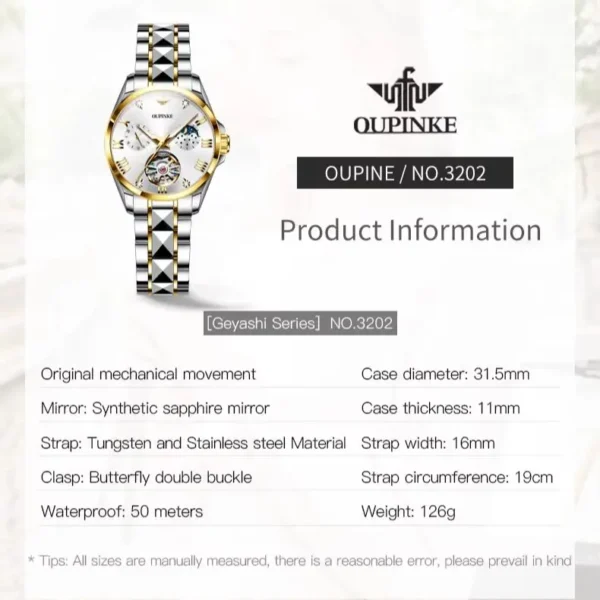 OUPINKE 3202 Women Watch Original Tungsten Steel Moon Phase Waterproof Watch Luxury Swiss Brand Women Automatic Mechanical Watch - Image 7