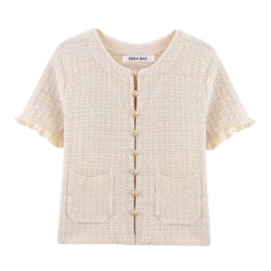 DEEABAE 2025 Spring New Round Neck Buckle Decoration Gentle and Versatile Short Sleeve Knitted Cardigan Half Skirt Set - Image 3