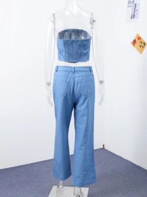 Women's Sparkling Rhinestone Denim Set Corset Shaping Crop Top Matching Slim Fit Jeans Party Clubwear Nightclub Cowgirl Style - Image 4