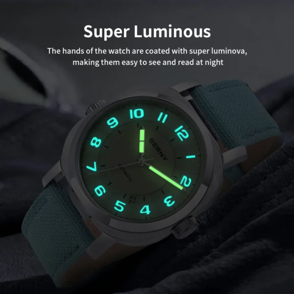 BERNY Mechanical Watch for Women Self-wind Pillow Cushion Sapphire Super Luminous Wristwatch Canvas Calendar Watch for Ladies - Image 5